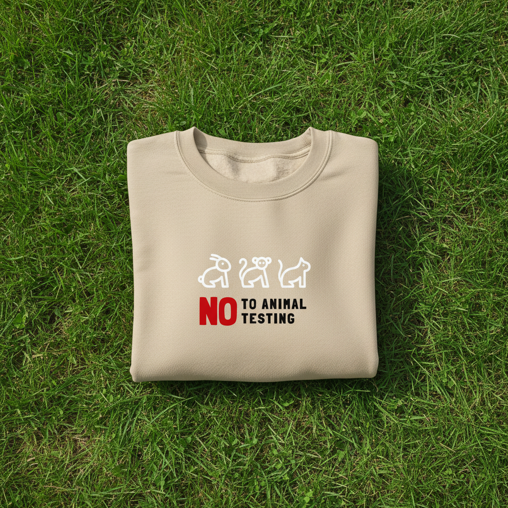 Sand crewneck sweatshirt with 'No to animal testing' graphic on front