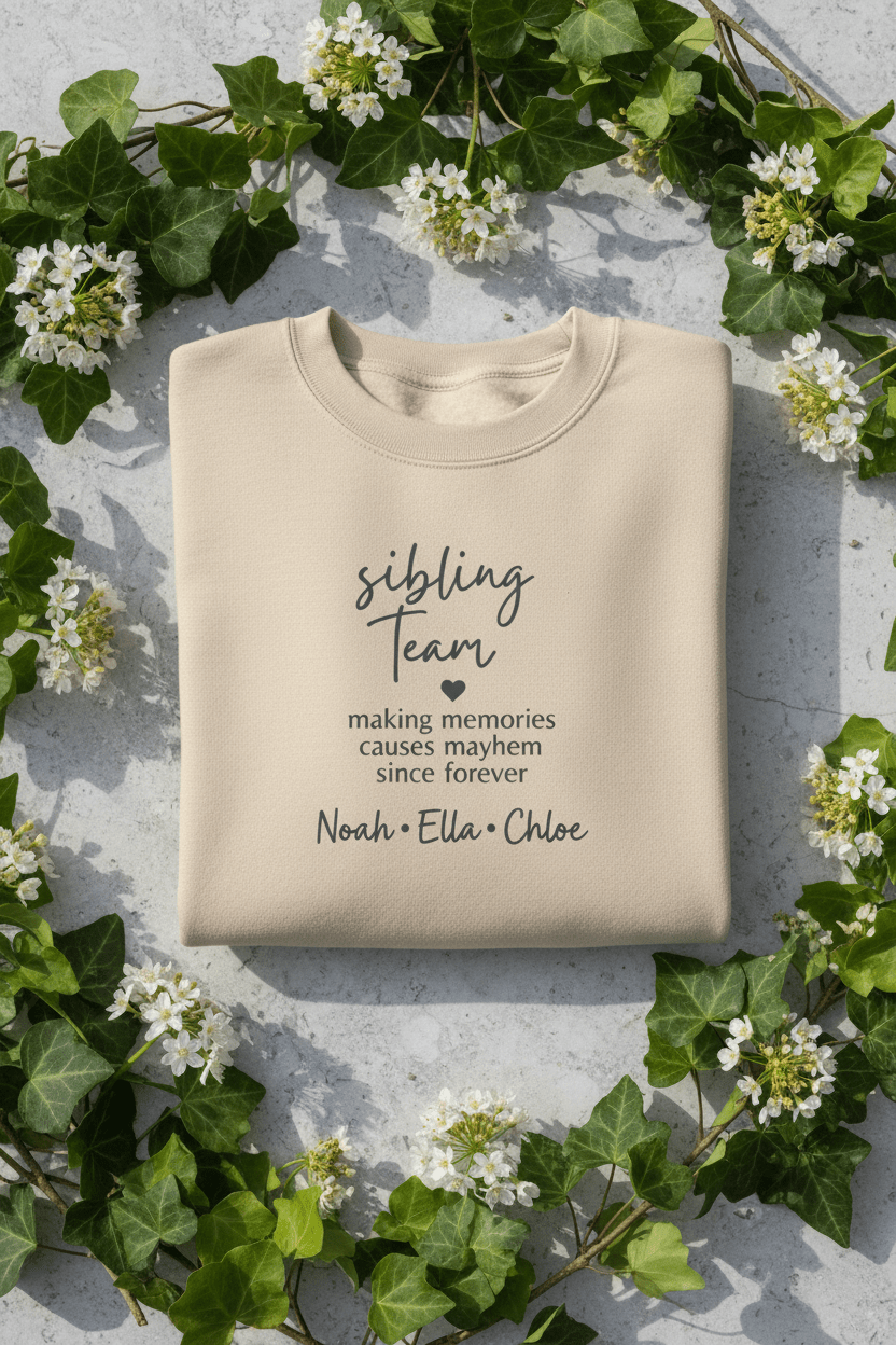 Sand crewneck sweatshirt with 'sibling Team' quote and names Noah, Ella, Chloe