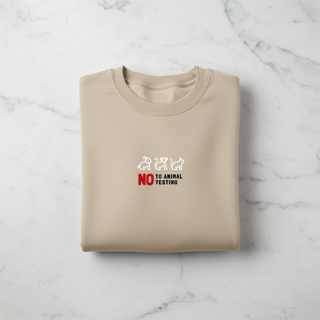 Sand sweatshirt with front 'No to Animal Testing' graphic, crew neck.