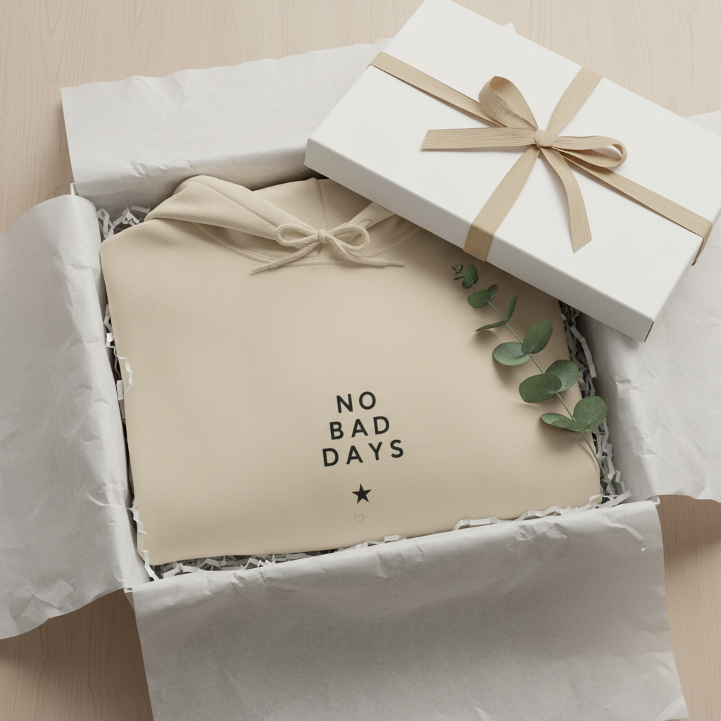 Sand beige hooded sweatshirt with 'No Bad Days' front graphic and drawstring hood