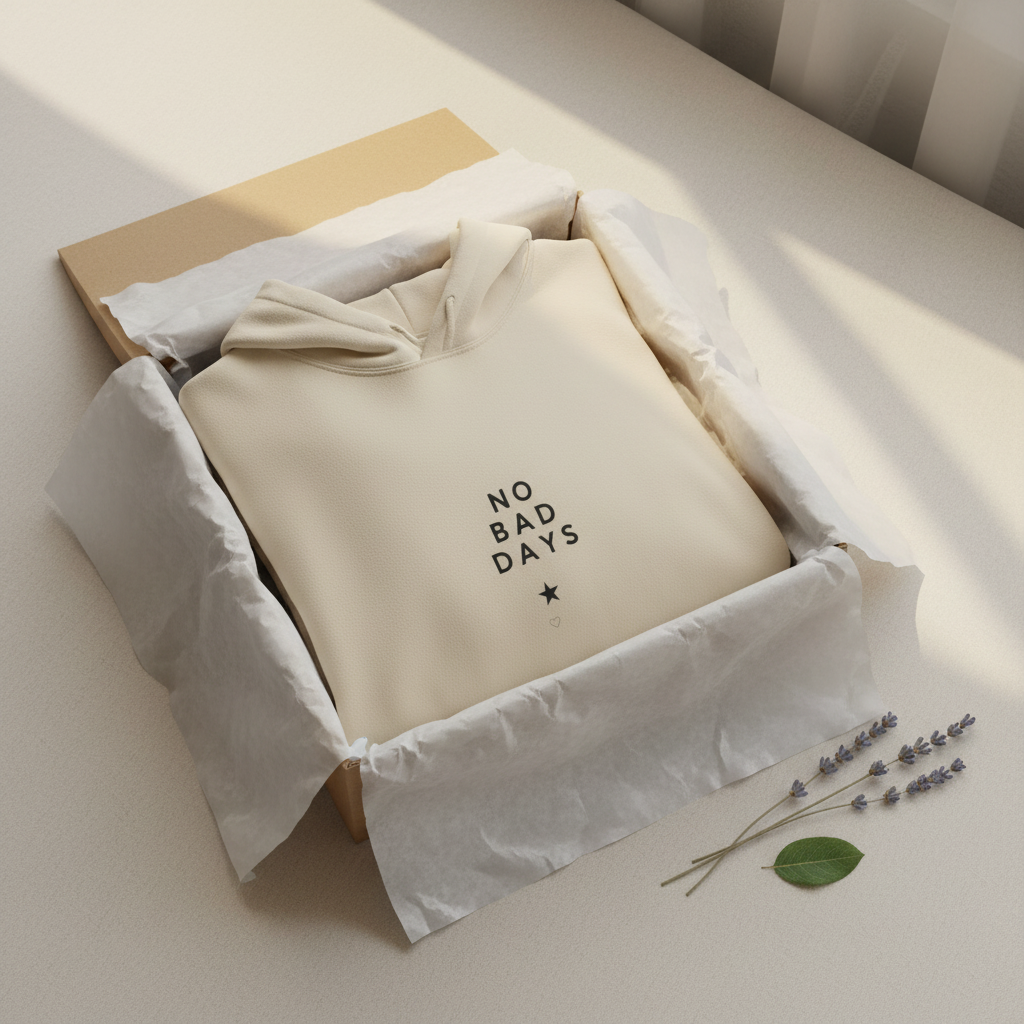 Beige hooded sweatshirt folded in gift box with drawstring hood and graphic