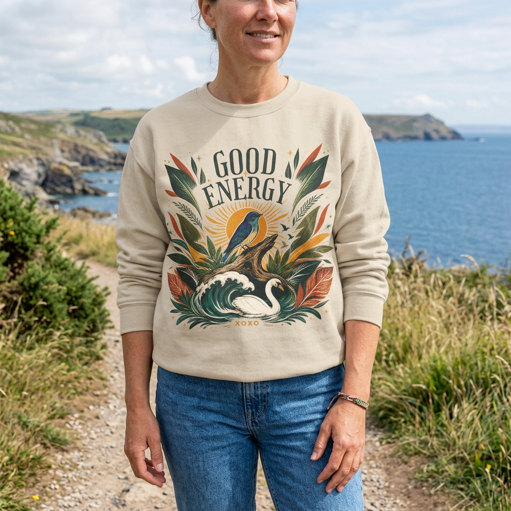 Light beige unisex sweatshirt with botanical “Good Energy” front graphic
