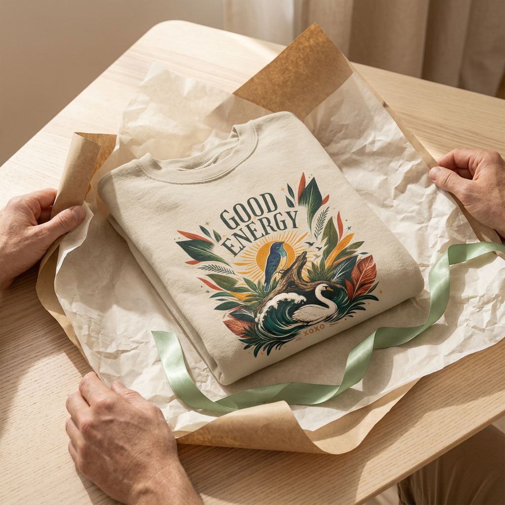 Unisex botanical sweatshirt, light sand/cream with bird and leaf front graphic, folded.