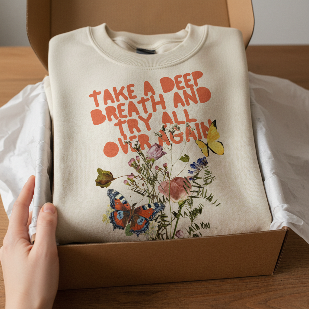 Sand crewneck sweatshirt featuring Take a Deep Breath text and colorful floral butterfly print