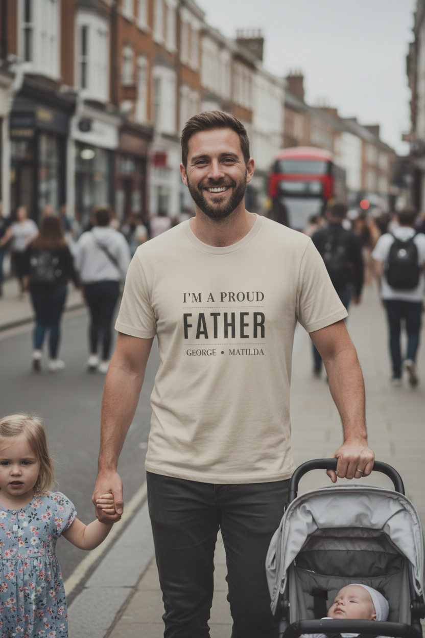 Sand dad T-shirt with 'I'M A PROUD FATHER' text and names below