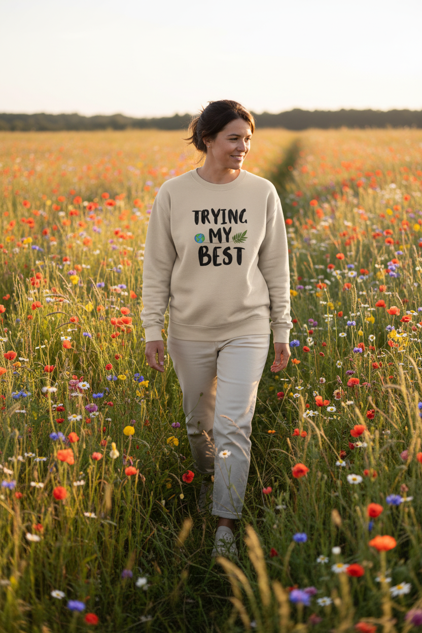 Beige sweatshirt with “TRYING MY BEST” quote print on the chest.