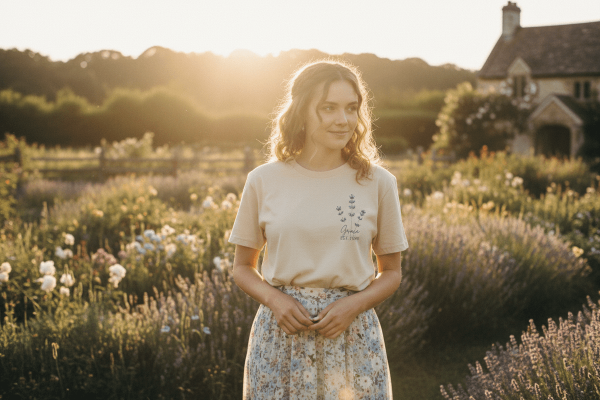 Personalised Lavender Sprig T-Shirt | Custom Name & Year | Botanical Gift for Her - AlleyCrafters