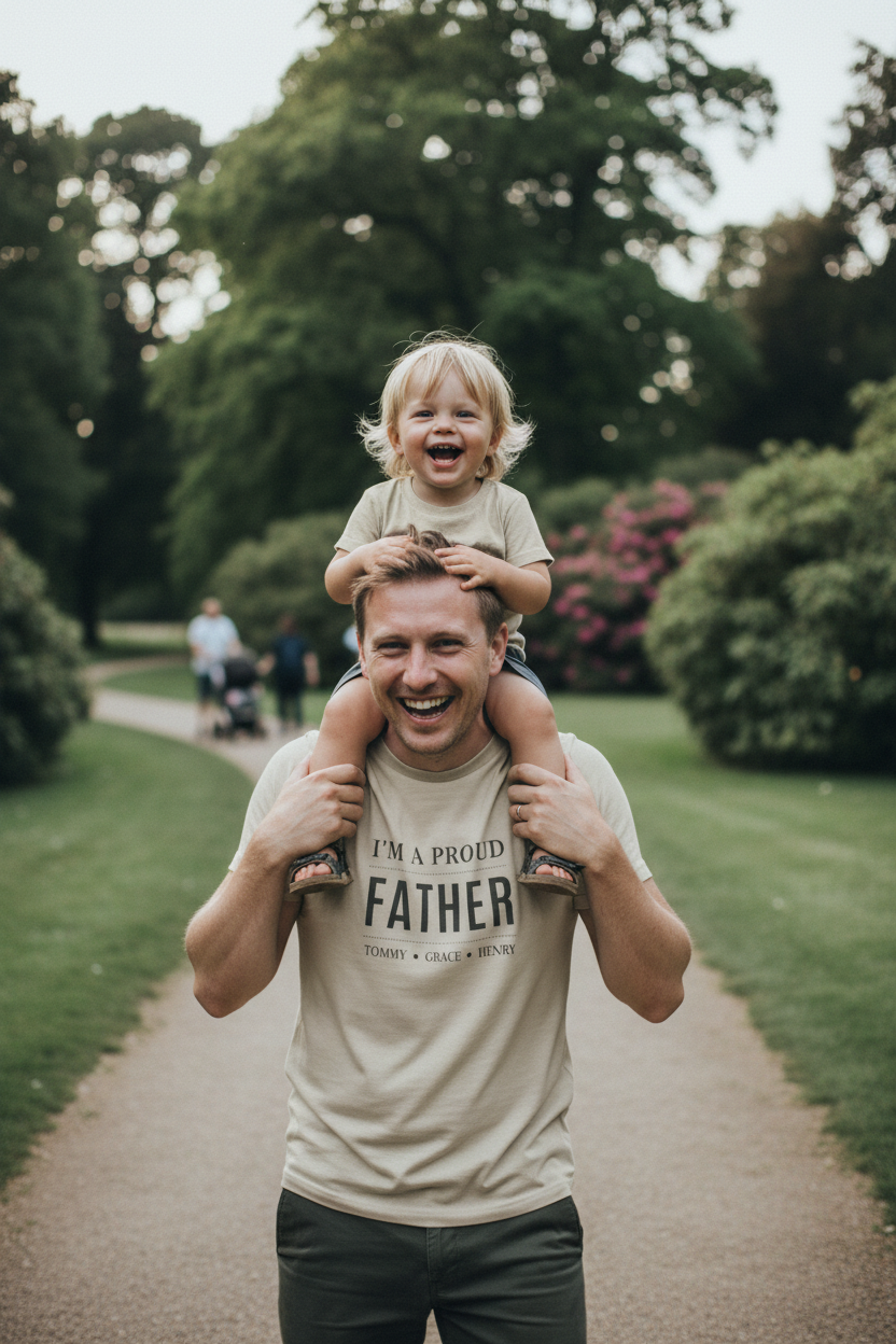 Beige dad T-shirt with 'I'M A PROUD FATHER' text