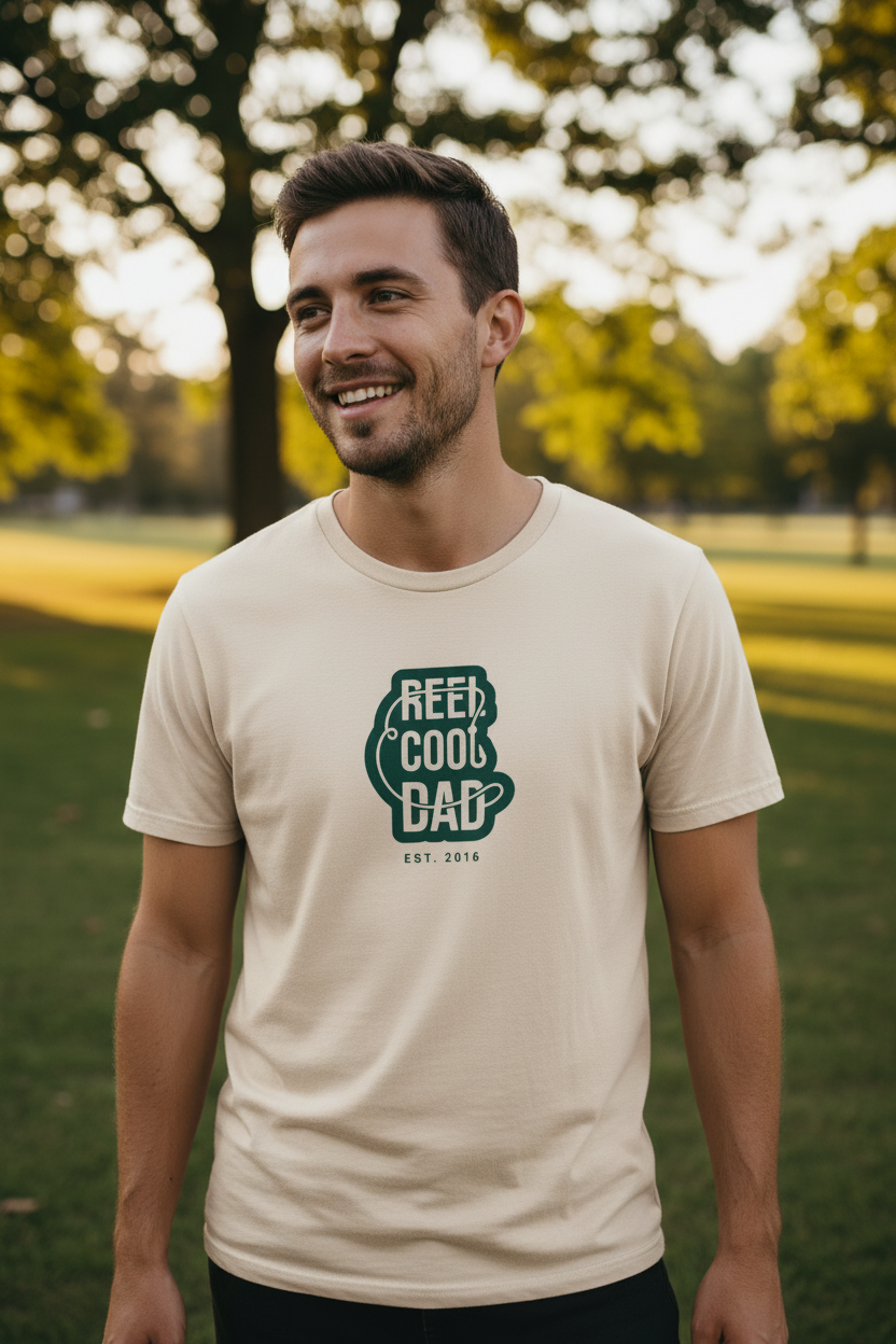 Light cream crew-neck T-shirt with Reel Cool Dad graphic on the front