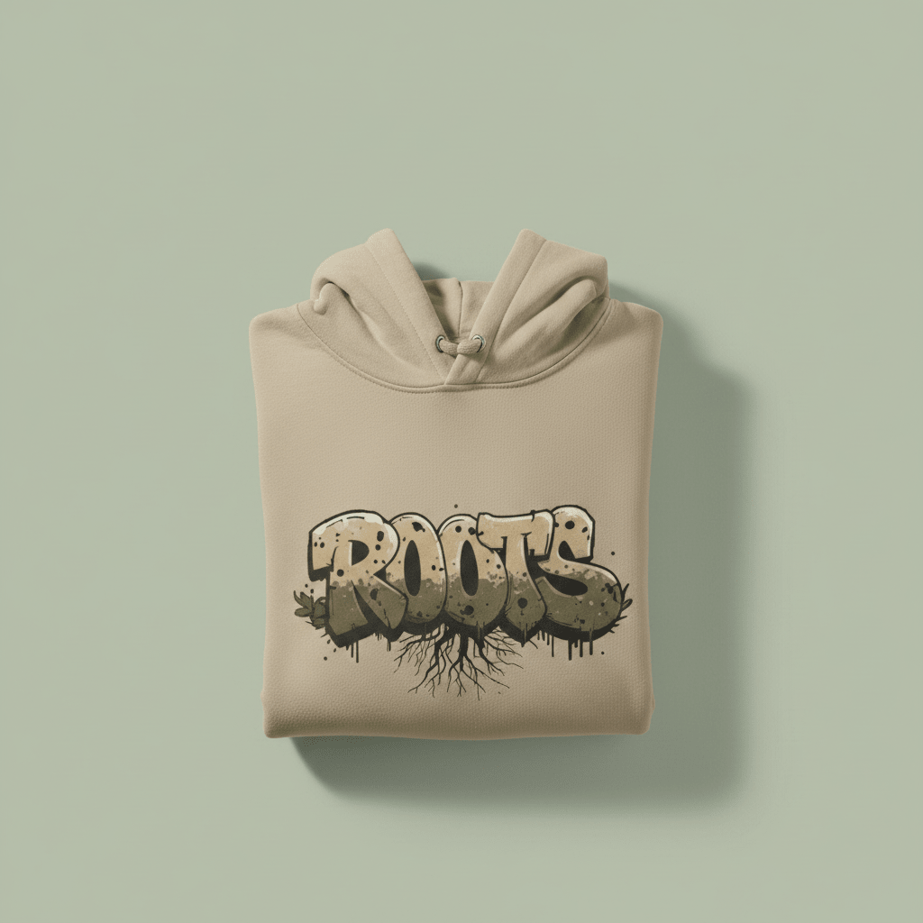 Sand graphic hoodie with hood and kangaroo pocket, Roots text chest graphic