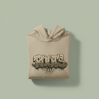 Sand graphic hoodie with hood and kangaroo pocket, Roots text chest graphic