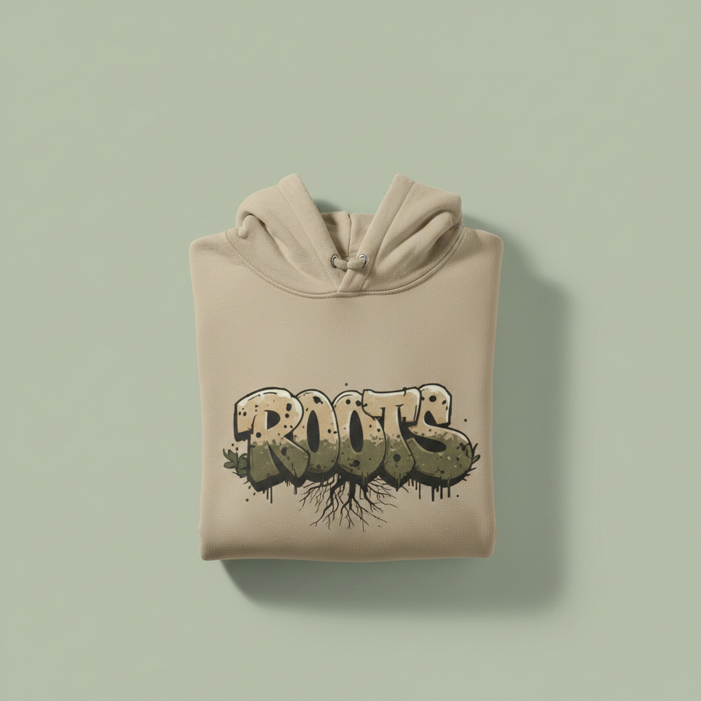 Sand graphic hoodie with hood and kangaroo pocket, Roots text chest graphic