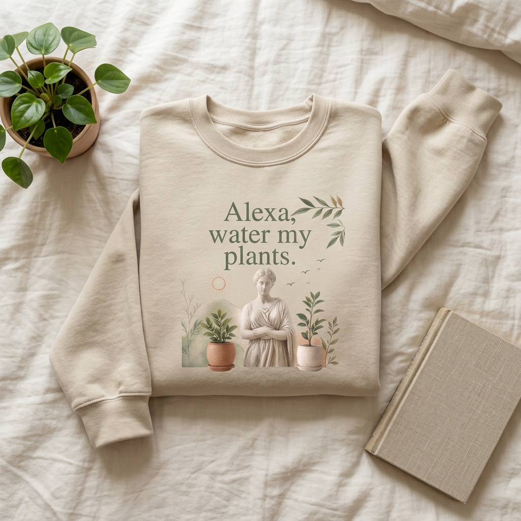 Sand sweatshirt flat lay with 'Alexa, water my plants' plant graphic