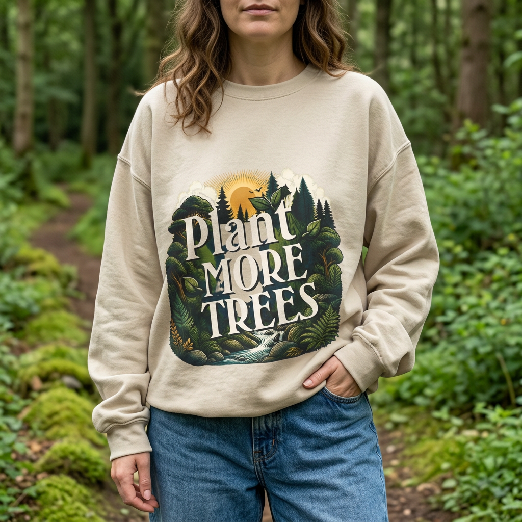 Sand unisex sweatshirt with “Plant More Trees” nature graphic on the chest.