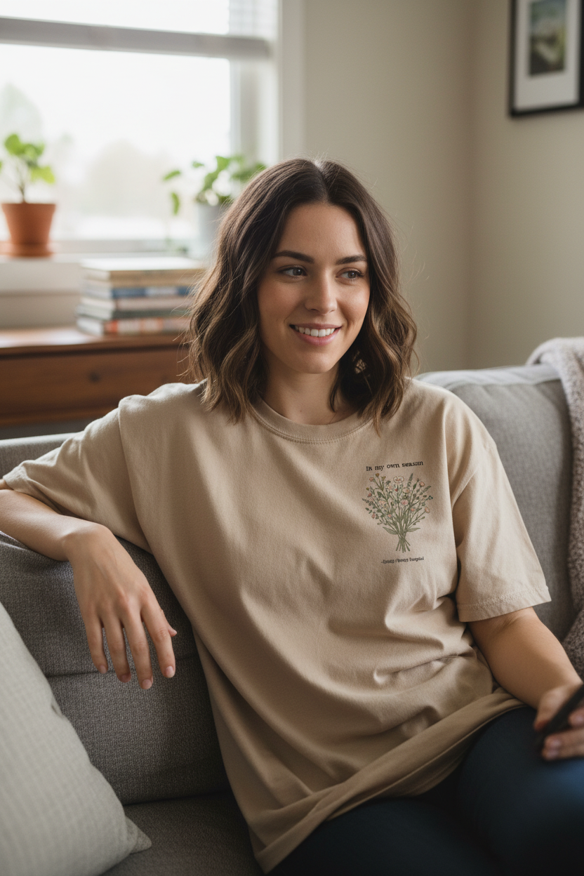 Natural cream T-shirt with small botanical bouquet graphic and centered text