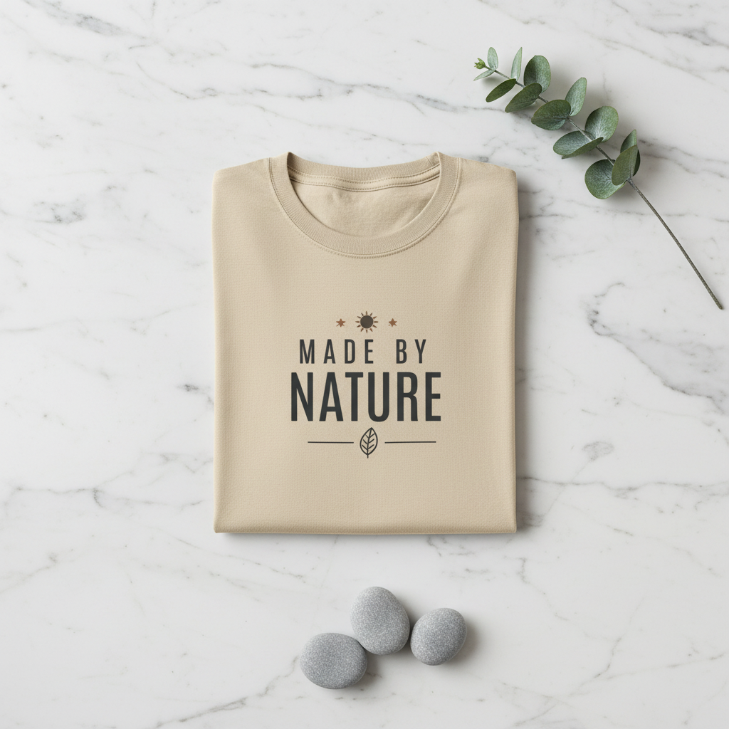 Sand crewneck t-shirt with "Made By Nature" eco graphic logo print