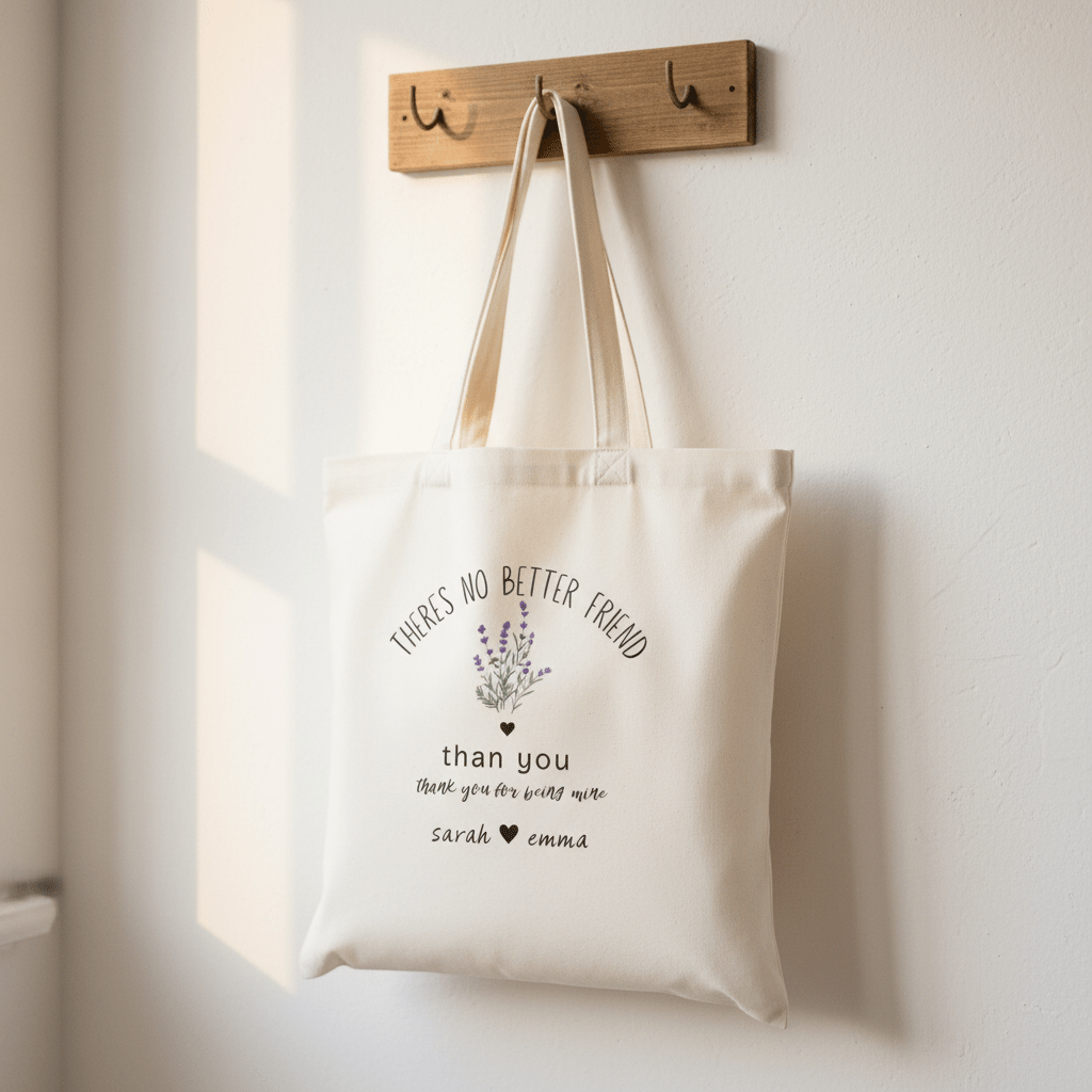 Cream tote bag with lavender flower design and custom “than you” message