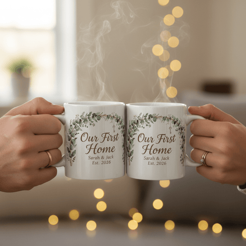 Ceramic couple housewarming mug set with “Our First Home” and names printed on both sides