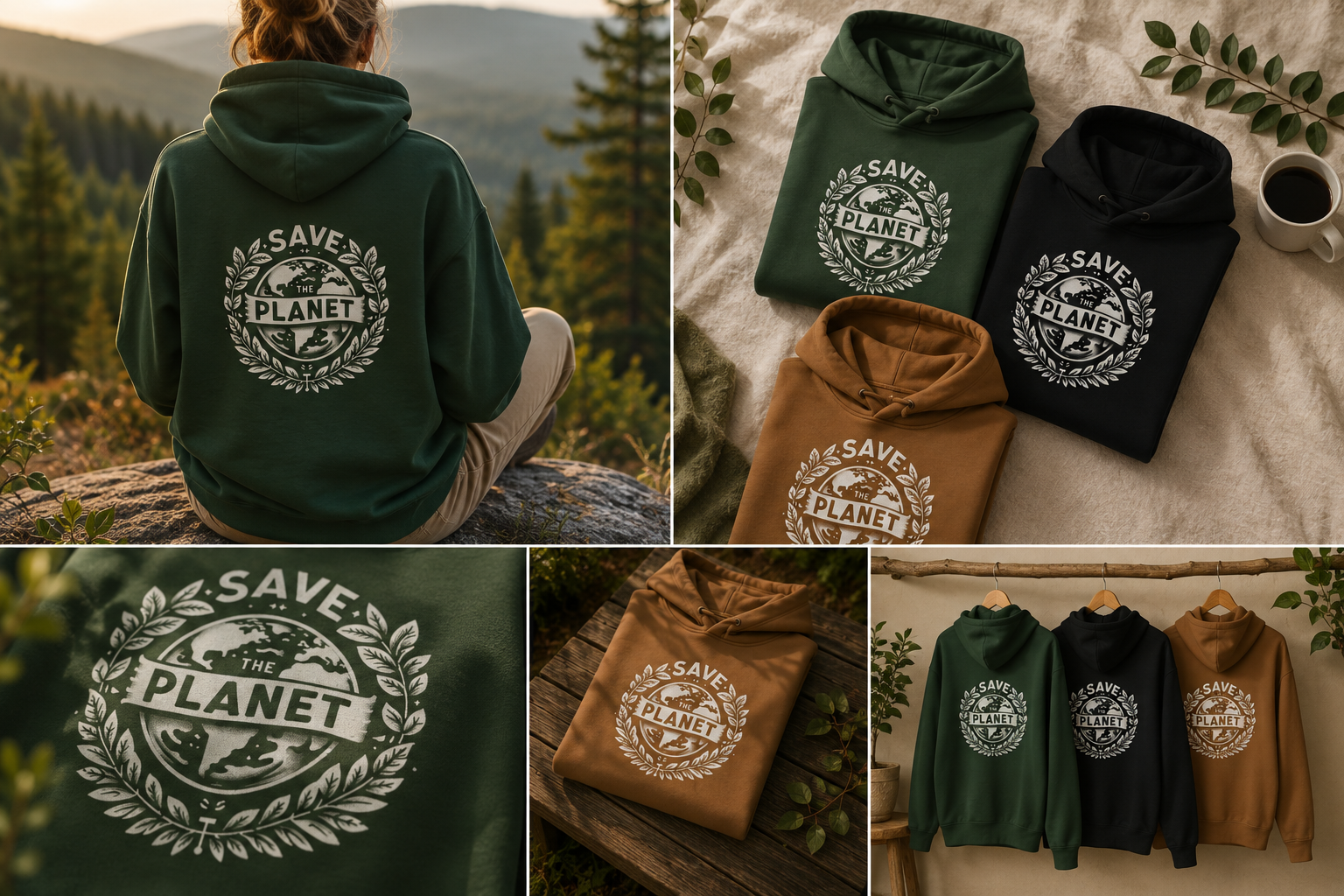 Forest green unisex hoodie with Save the Planet logo on back