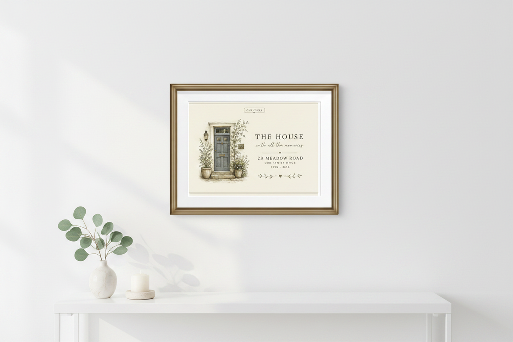 Framed canvas print featuring a small illustrated home with door, plants, and house text