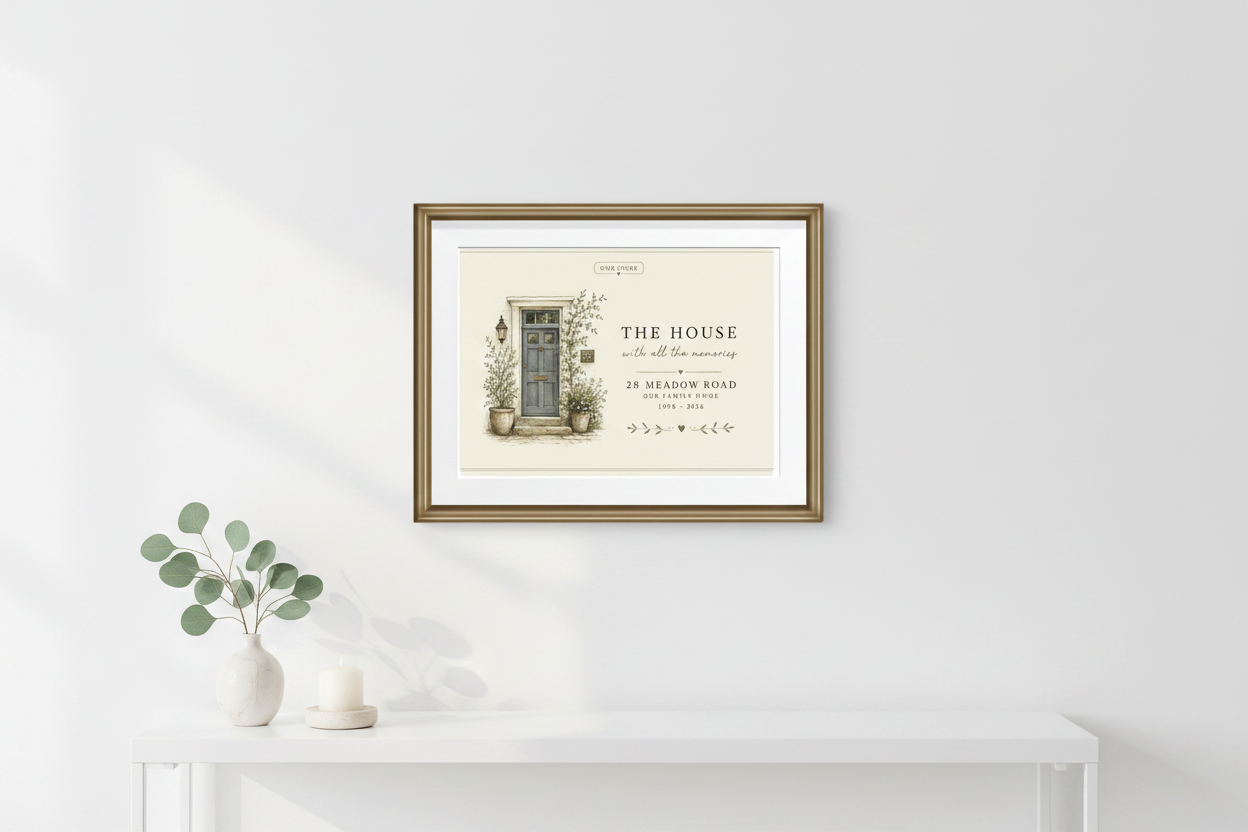 Framed canvas print featuring a small illustrated home with door, plants, and house text