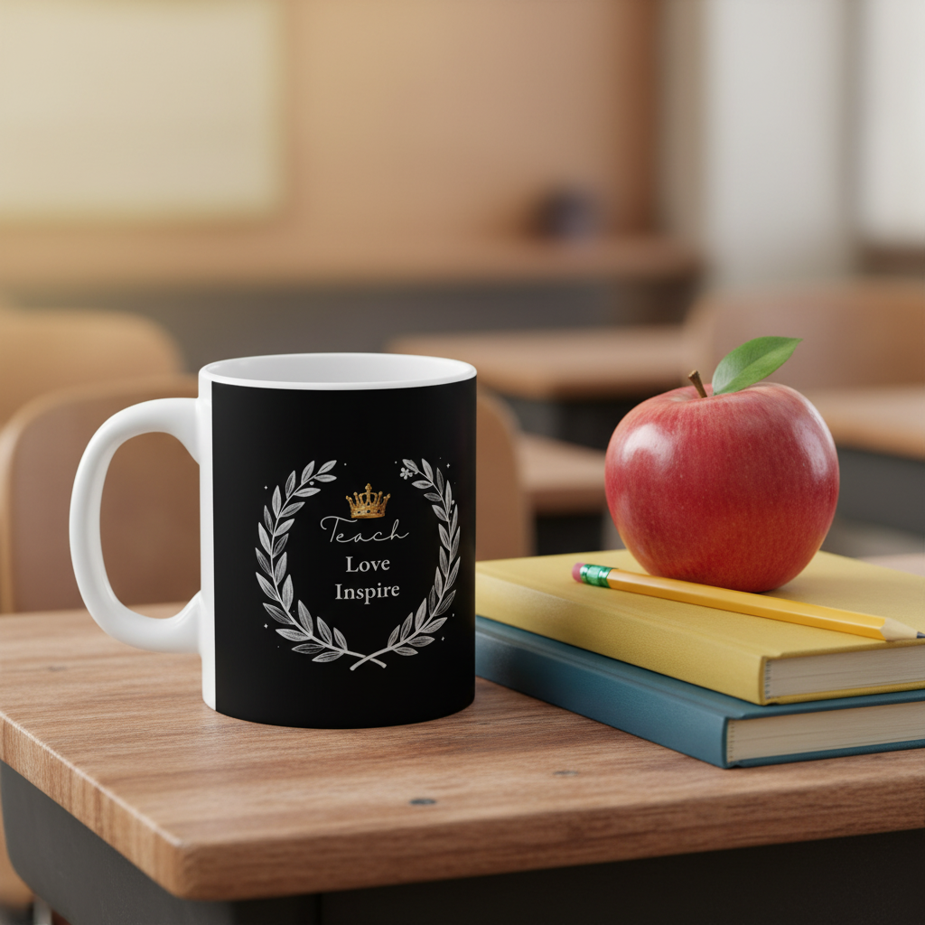 Black personalized teacher mug with crown and “Teach Love Inspire” laurel wreath