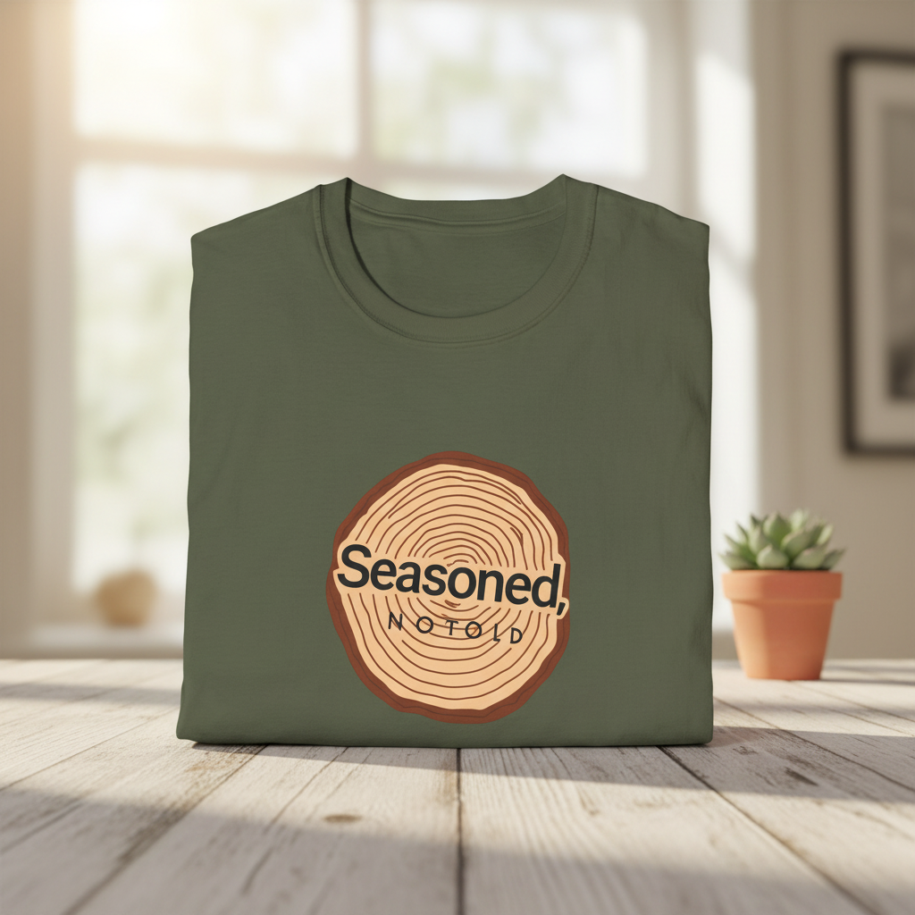 Olive green crewneck T-shirt with round tree-ring “Seasoned, Not Old” graphic