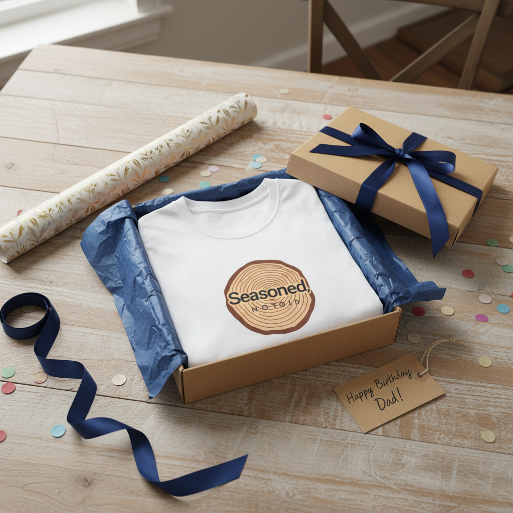 White crewneck T-shirt with brown tree-ring “Seasoned” graphic
