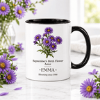 Personalised birth flower mug with black handle; September aster; name EMMA.