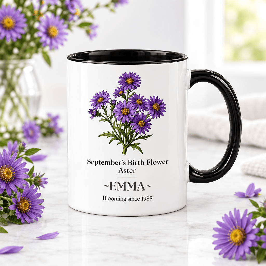 Personalised birth flower mug with black handle; September aster; name EMMA.