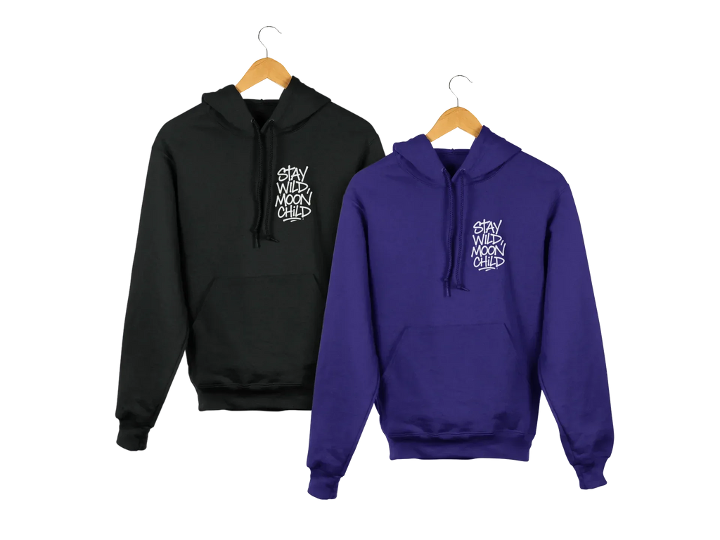 Black and purple minimal graphic hoodies with hood and “Stay Wild Moon Child” chest print