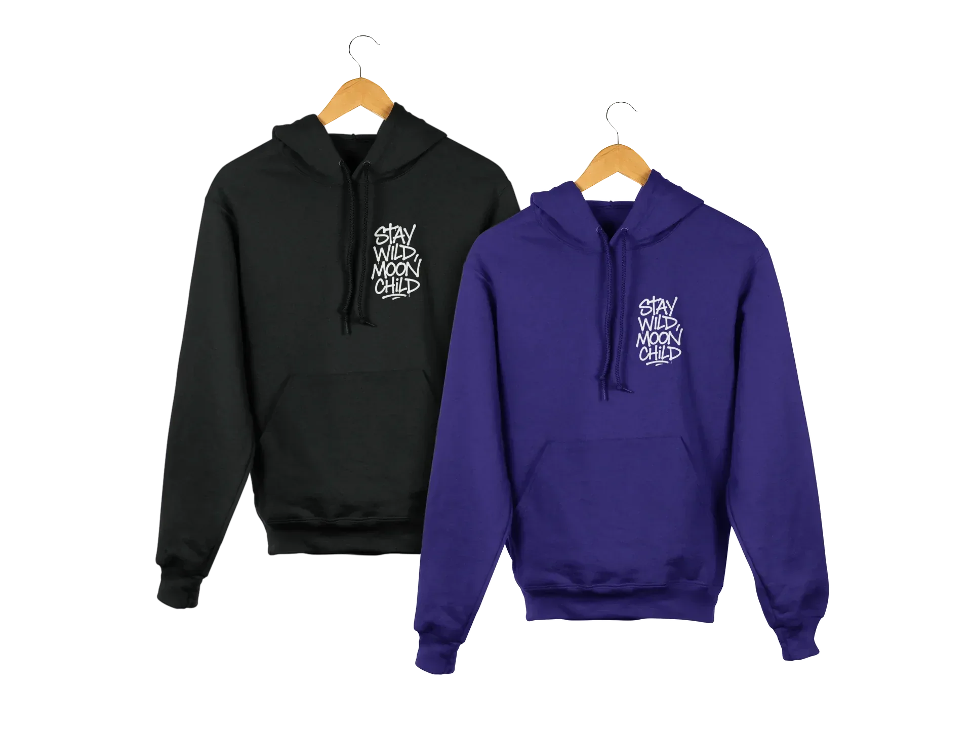Black and purple minimal graphic hoodies with hood and “Stay Wild Moon Child” chest print