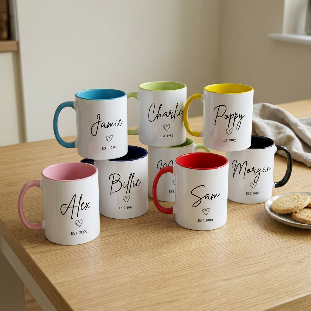 Seven different coloured personalised mugs together in a natural British kitchen UGC-style photo