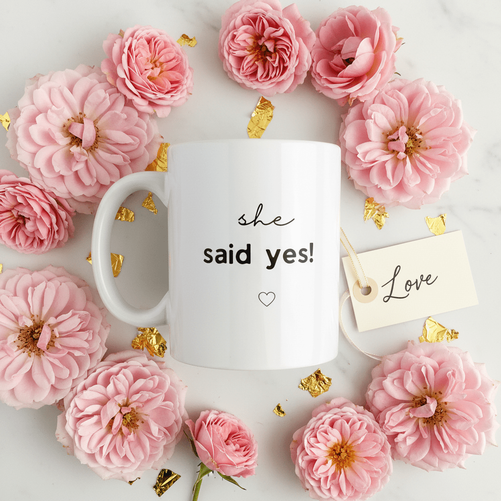White mug with 'she said yes!' text and heart icon, with pink floral decor.