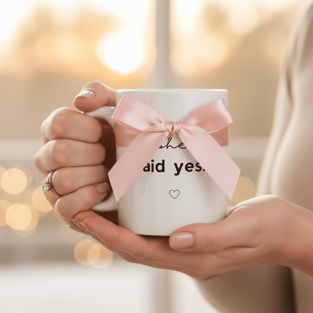 White mug reading 'she said yes!' with heart icon and pink ribbon bow.