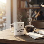 White ceramic mug with “goodluck” and “shine bright & chase your dreams” printed on front