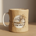 Brown ceramic mug with bow and circular print reading “goodluck” and “your dreams”