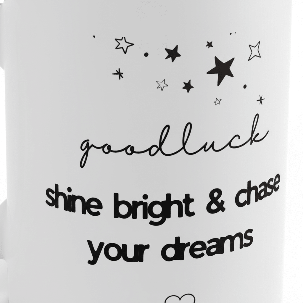 Close-up of white mug with stars and “goodluck shine bright & chase your dreams”