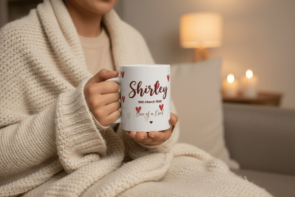 White ceramic heart mug held in hands, “Shirley” name and date text