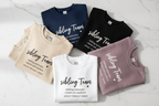 Crewneck sweatshirt set in navy, black, sand, white, and mauve with 'sibling team' text