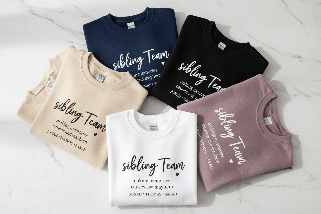 Crewneck sweatshirt set in navy, black, sand, white, and mauve with 'sibling team' text