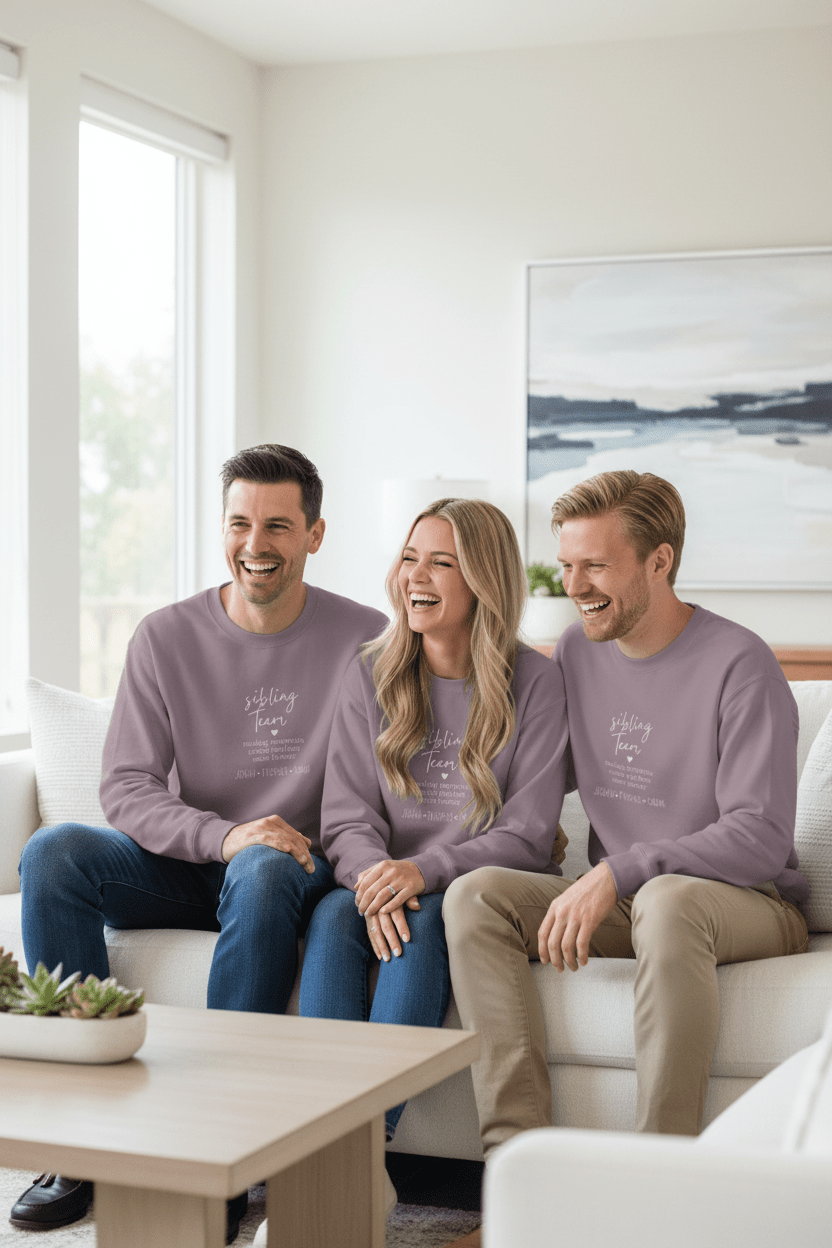 Lavender crewneck sweatshirt with long sleeves and printed “sibling team” quote
