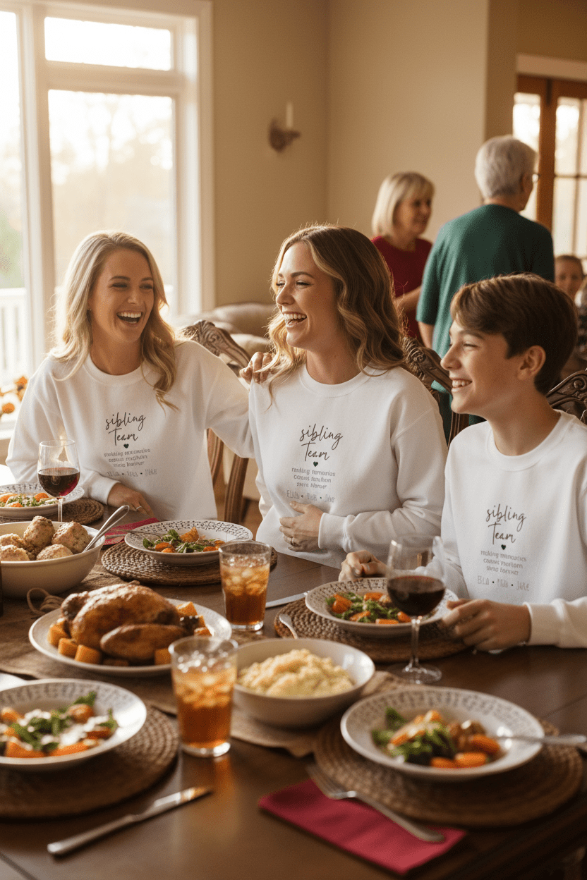 White crewneck sweatshirt worn by a person with “sibling team” quote on front