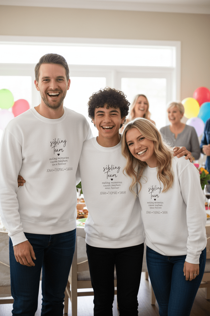 White crewneck sweatshirt with “sibling team” quote text printed on the chest