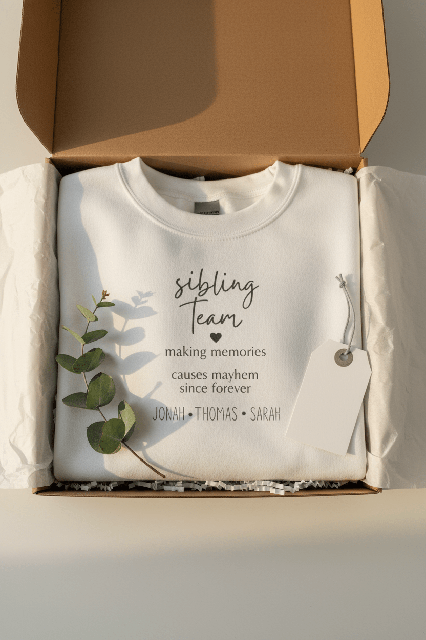 White crewneck sweatshirt in an open box with “sibling team” quote print