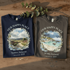 Personalised crew-neck T-shirts, navy and dark heather, with circular scenic wreath design