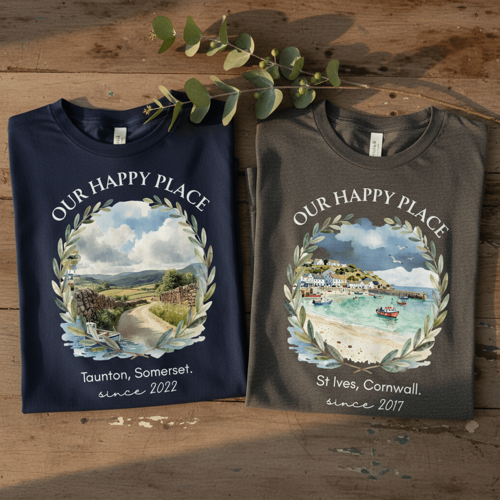 Personalised crew-neck T-shirts, navy and dark heather, with circular scenic wreath design