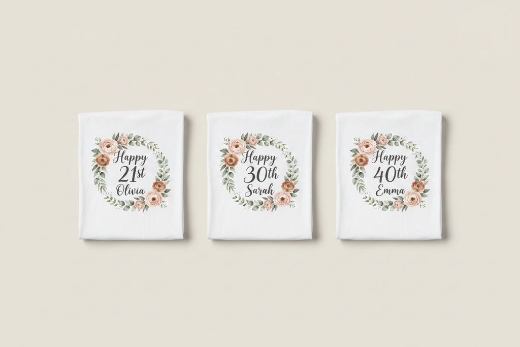 Set of three white birthday T-shirts: 21st Olivia, 30th Sarah, 40th Emma