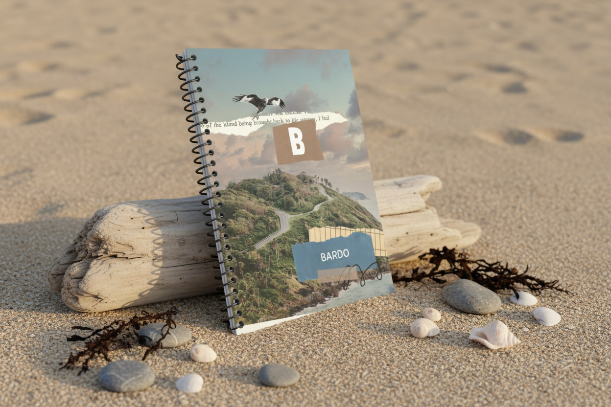 Side view of BARDO notebook on beach surface