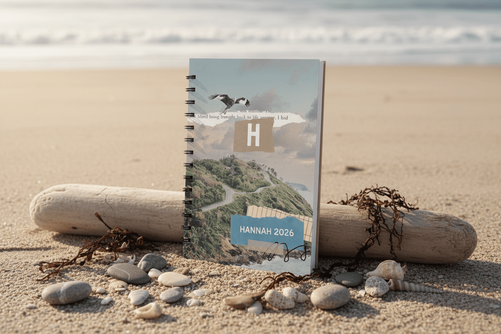 A5 wirobound notebook with monogram H and name Hannah 2026, coastal collage